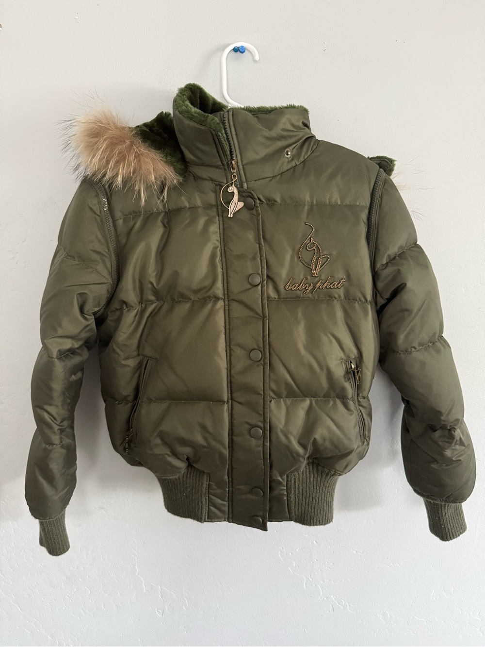Baby Phat Olive Green Puffer Jacket with Faux Fur Hood Trim